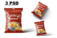 three bags of potato chips mockup on a white background