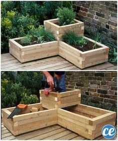 three different views of wooden planters with plants growing in them