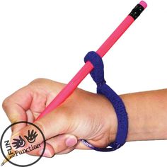 a person holding a pink and blue rope with a black handle on their hand,