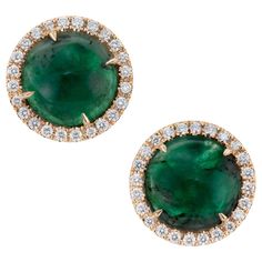 Round emerald and diamond earrings. GIA certified natural untreated round cabochon emeralds. (one emerald tested at random) Each with a diamond halo of 24 round brilliant cut diamonds in 18k yellow gold. Created in the Peter Suchy Workshop. 2 round green emeralds, approx. 8.85cts GIA Certificate # 5212044400 48 round brilliant cut diamonds, G VS approx. .70cts 18k yellow gold Stamped: 750 5.2 grams Top to bottom: 17.3mm or 11/16 Inch Width: 17.4mm or 11/16 Inch Depth or thickness: 4.1mm Luxury Round Emerald Diamond Earrings, Green Round Diamond Earrings Fine Jewelry, Fine Jewelry Emerald Earrings, Round Shape, Round Emerald Earrings, Emerald And Diamond Earrings, Antique Wedding Bands, Diamond Sapphire Engagement Ring, Antique Engagement Rings Vintage, Emerald Green Earrings