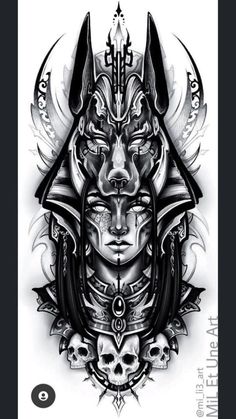 a drawing of a woman's face with horns and skulls on the side, in black and white