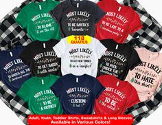 118 Quotes Most Likely To Group Family Shirts for Chritsmas,Funny Christmas 2024 Party Tee,Christmas Long Sleeve,Christmas Most Likely Shirt,Christmas Shirts,Funny Christmas Group Shirt,Family Christmas Pjs, Custom Christmas Shirt,Christmas 2024 Party Tee To visit my page: https://makcustomshirt.etsy.com * High quality and super soft, comfortable shirt. Made with top-of-the-line DTF and pressed with a professional grade heat press. * Please check all color and size charts before place the order. Since all shirts are custom made based on your selection, I don't accept return or exchange unless there is an issue with your order. *We're working with different shirt brands based on the color/size availability. All shirts we use are soft style, not heavy cotton. Solid colors are all cotton and 2024 Party, Christmas Cruise, Christmas Cruises, Christmas Matching, Christmas Pjs, Unique Fits, Funny Xmas, Xmas Shirts, Matching Tees