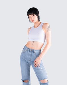 Who said a casual fit needs to be boring? 😏 This two piece set featuring a white cropped tank top paired with blue distressed denim jeans is the versatile look of your dreams 🤍 Trendy Cropped Tank Top For Everyday, Trendy Denim Crop Top, Trendy Everyday Crop Top, Casual Light Wash Cropped Crop Top, Light Wash Casual Cropped Top, Casual Light Wash Cropped Top, Trendy High Rise Crop Top For Summer, High Rise Denim Crop Top Casual Style, White Cropped Denim Jeans