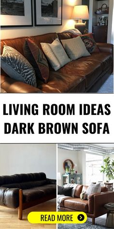 living room ideas with dark brown sofas and pictures on the wall above them, read more