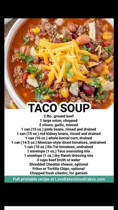 a recipe for taco soup in a bowl