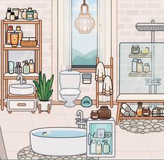 a bathroom with a tub, toilet and shelves filled with personal care items in it