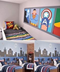 Boys room ideas - Boys bedroom ideas - Boy room decor - Little Boys Room Decorating Ideas | Bedroom Design Superhero Room Decor, Avengers Bedroom, Walls Painting, Superhero Bedroom, Ombre Wall, Superhero Room, Bedroom Murals, City Scape, Bedroom Pictures