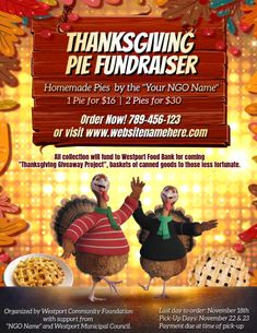 thanksgiving pie fundraiser flyer with two turkeys