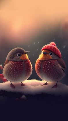 two birds sitting on top of snow covered ground