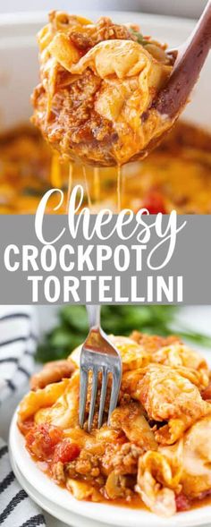 cheesey crockpot tortelli on a plate with a fork in it