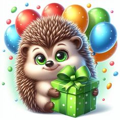 a hedgehog holding a gift box with balloons in the background