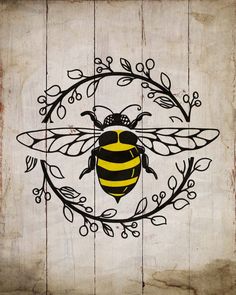 a drawing of a bee in a circle with leaves and berries around it on a wooden background