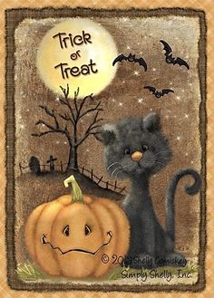 a black cat sitting next to a pumpkin on top of a wooden plaque that says trick or treat