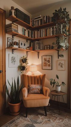 a living room filled with lots of books and plants