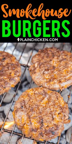 hamburgers cooking on the grill with text overlay that reads smokehouse burgers