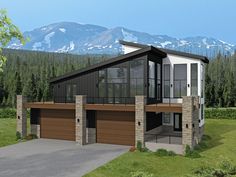 this is an artist's rendering of a modern house in the woods with mountains in the background