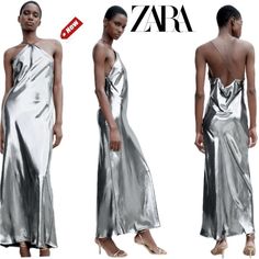 Nwt Zara Maxi Dress Sz Small Silver Metallic Steel Foil Beautiful Reflective Material Maxi Long Dress Halter Neck Rhinestone Straps Open Crisscross Back Back Cowl Scoop Brand New W Tags Attached Sexy Formal Dressy Luxury Sleeveless Maxi Dress By Zara, Zara Sleeveless Luxury Maxi Dress, Summer Formal Metallic Dress, Shiny Evening Dresses For Summer, Chic Shiny Summer Dresses, Silver Shiny Dress For Date Night, Silver Maxi Dress For Evening Party, Silver Evening Maxi Dress For Parties, Silver Maxi Dress For Evening Party Season