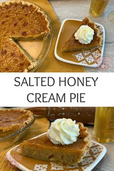 a pie sitting on top of a white plate next to a glass bowl filled with whipped cream