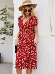 Features: Rust Midi 100% Polyester Ruffle, Wrap, Knot, Asymmetrical Fabric has no stretch Ships in 4-6 Days Casual Beach Dress, Butterfly Sleeve Dress, Navy Blue Midi Dress, Ditsy Floral Print, Ruffle Sleeve Dress, Printed Wrap Dresses, Vestido Casual, Midi Dress With Sleeves, Dress Robes