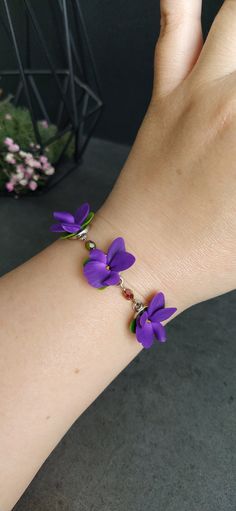 Wedding Jewelry Bracelet With Flower Decoration, Elegant Flower Decoration Bracelets For Gift, Wedding Jewelry Bracelet With Flower Charm, Wedding Bracelet Jewelry With Flower Charm, Purple Jewelry With Flower Decoration As Gift, Purple Wedding Bracelet Jewelry, Purple Flower Decorated Jewelry For Gift, Handmade Flower Charm Bracelet As Gift, Handmade Flower Charm Bracelet Gift