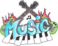 the music logo with musical instruments on top of it and flames coming out of them