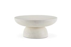 a white table with a round base on it's side, against a white background