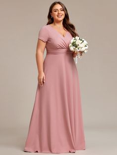 Embrace your curves and feel like a queen in this stunning Plus Size Pleated V-Neck Short Sleeves Empire Waist A-Line Bridesmaid Dress. The pleated details, V-neckline, and empire waist create a flattering and feminine silhouette, making it the perfect choice for bridesmaids or formal events. Shine alongside the bride and complement the wedding ambiance with this elegant and comfortable dress. Fit: Please refer to size chart. Length: Floor length. Sleeve Style: Short sleeves. Closure: It is conc Burgundy Wedding Guest Dress, Quencinera Dresses, Redprom Dresses, Sondra Celli, Capri Dress, Unusual Dresses, Anniversary Dress, Wedding Ambiance, Dancesport Dresses