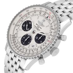 Breitling Navitimer 01 Panda Dial Automatic Steel Mens Watch AB0120 Box Card. Automatic self-winding officially certified chronometer movement. Chronograph function. Stainless steel case 43.0 mm in diameter. Stainless steel screwed-down crown and pushers. Stainless steel bidirectional rotating reeded slide-rule pilot bezel. Scratch resistant sapphire crystal. Silver panda dial. Index hour markers and luminescent stainless steel outlined hands. Date window between 4 and 5 o'clock. Three Chronogra Timeless Chronograph Watch In White Gold With Tachymeter, Timeless White Gold Chronograph Watch With Tachymeter, Timeless White Gold Watch With Tachymeter, Timeless Chronograph Watch In White Gold With Chronometer, Timeless White Gold Chronograph Watch With Chronometer, Chronometer Chronograph Watch In White Gold With Round Dial, White Gold Chronograph Watch With Chronometer, White Gold Watches With Tachymeter Round Dial, White Gold Watch With Tachymeter