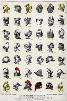 an old book with different types of helmets