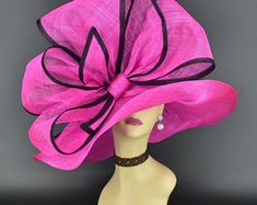 SD28A Fuchsia Hat Kentucky Derby Hat Church Hat Wedding - Etsy Pink Fedora Sun Hat For Party, Pink Wide Brim Hat In Sinamay, Wide Brim Pink Sinamay Hat, Pink Wide Brim Sinamay Hat, Pink Fedora For Wedding, Pink Fedora Hat For Wedding, Hat Tea Party, Sinamay Hats, Hat Wedding