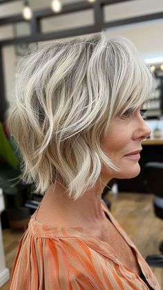 24 Wash-and-Wear Cuts for Older Women: Say Goodbye to Bad Hair Days | Lookosm Grey Hair Shaggy Bob, Choppy Bob Hairstyles For Fine Hair Over 50, Medium Haircuts For Women Over 50, Shag Cuts For Fine Hair, Shaggy Bob For Fine Hair Over 50, Sassy Hair Older Women, Grey Hair Over 50, Medium Bob