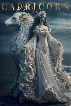 a woman in a white dress standing next to a wolf on top of the ocean