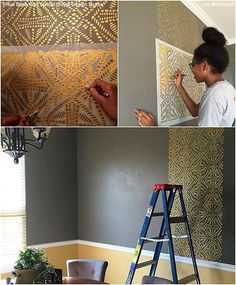 four pictures showing the process of painting a wall with gold paint and stencils