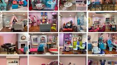 many different pictures of the inside of a doll house with furniture and accessories in it