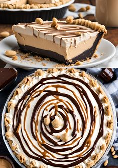 there is a pie with chocolate and peanut butter on it