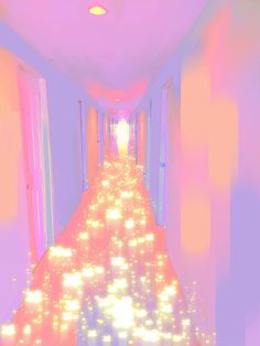 an image of a long hallway with lights coming from the ceiling and on the floor