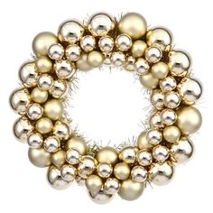 a gold and silver christmas ornament wreath on a white background with clipping for text