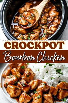 crockpot bourbon chicken with rice and garnished with parsley on the side