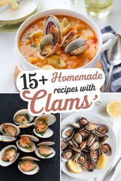 a collage of photos with clams and lemons