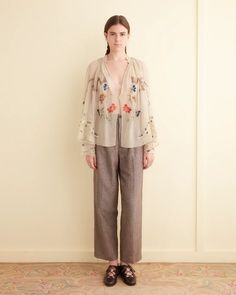 Embroidered Flower Study Shirt – BODE Elegant Long Sleeve Blouse With Geometric Embroidery, Elegant Long Sleeve Tops With Geometric Embroidery, Elegant Summer Tops With Geometric Embroidery, Designer Formal Tops With Floral Embroidery, Designer Floral Embroidered Tops For Formal Occasions, Elegant Spring Embroidered Top With Geometric Embroidery, Elegant Embroidered Top For Spring Daywear, Elegant Embroidered Top For Daywear, Chic Formal Tops With Floral Embroidery