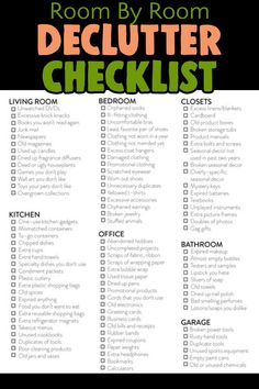 the room by room declutter checklist is shown in green, orange and black