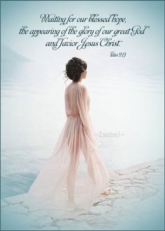 a woman standing in the water with a bible verse above her head and an ocean background