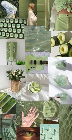 a collage of green and white images