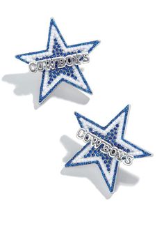 two blue and white stars with words on them