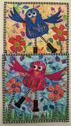 two colorful paintings with birds on them and flowers in the background, one is made out of