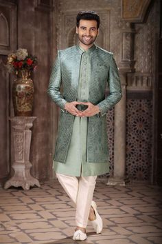 Art Silk Olive Color Readymade Designer Men Indo Western Indo Western Outfits For Men, Indo Western Dress For Men, Indo Western For Men, Ethenic Wear, Mens Wedding Attire, Mens Sherwani, Gents Kurta, Turquoise Men