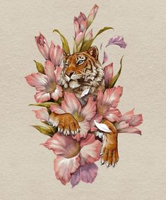 a painting of a tiger surrounded by pink flowers