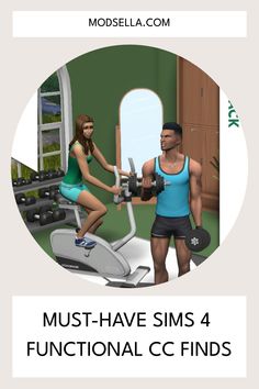 a man and woman are exercising on the same exercise machine, with text reading must have sims 4 functional c finds