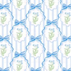 a blue and white striped background with flowers