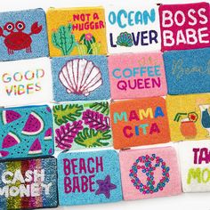 colorful towels with different designs on them are displayed against a white background and the words, not a hugger, boss, lover, coffee queen, mama,